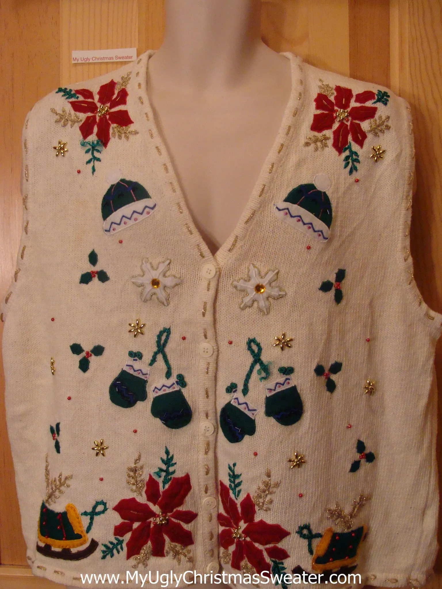 Poinsettia and Mittens Ugly Christmas Sweater Vest