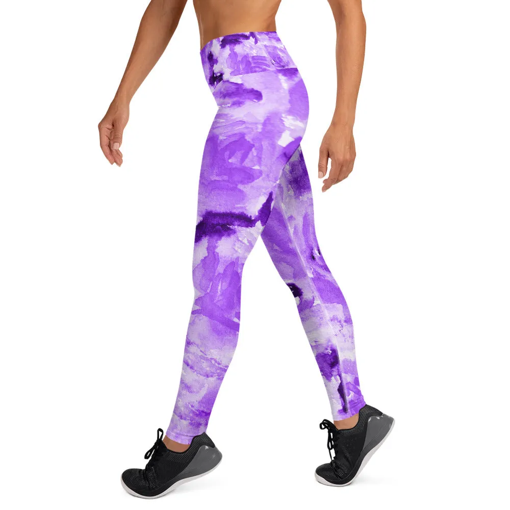Purple Floral Yoga Leggings, Abstract Flower Print Long Women's Gym Tights-Made in USA/EU