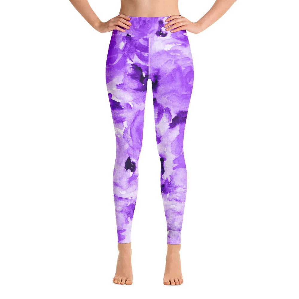 Purple Floral Yoga Leggings, Abstract Flower Print Long Women's Gym Tights-Made in USA/EU