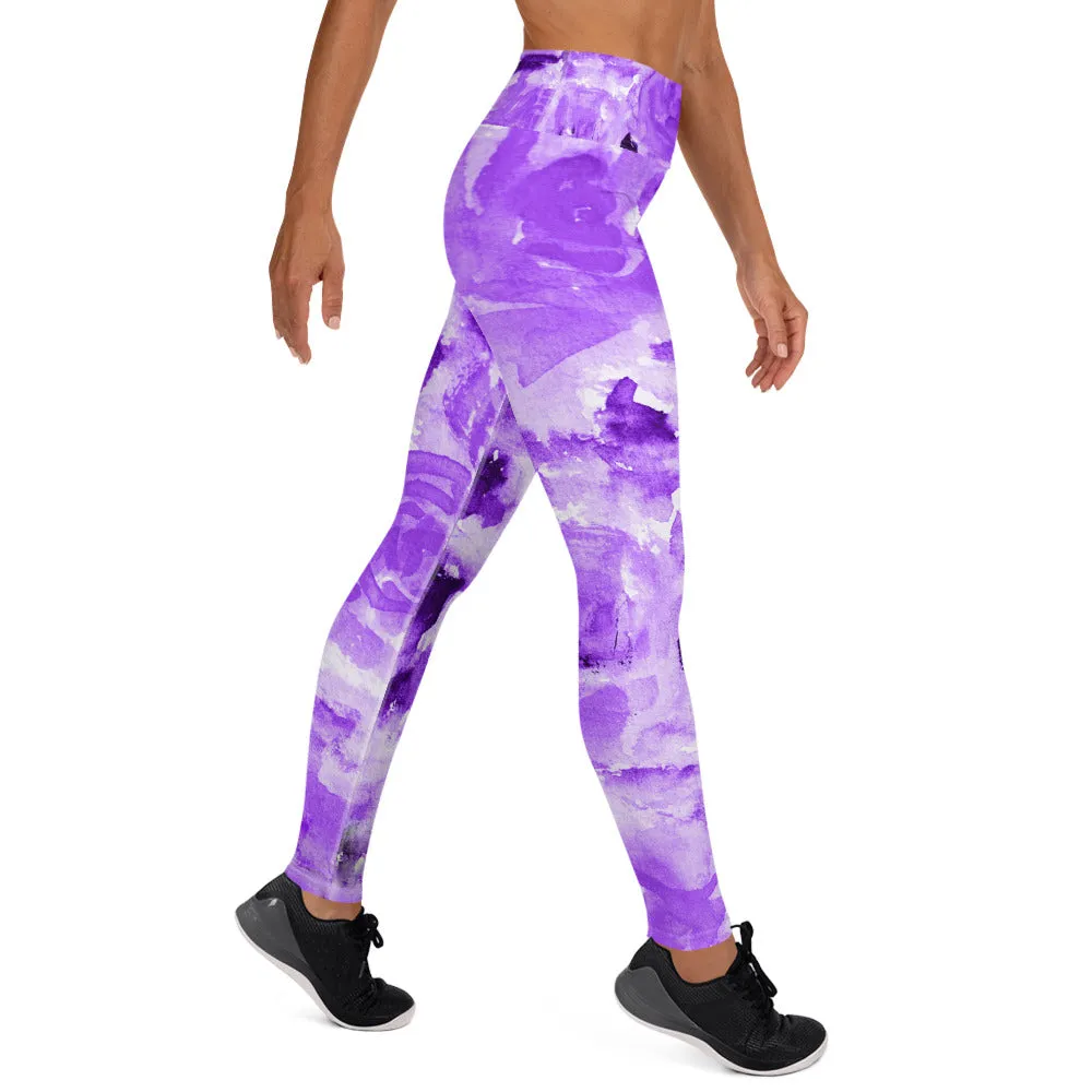 Purple Floral Yoga Leggings, Abstract Flower Print Long Women's Gym Tights-Made in USA/EU