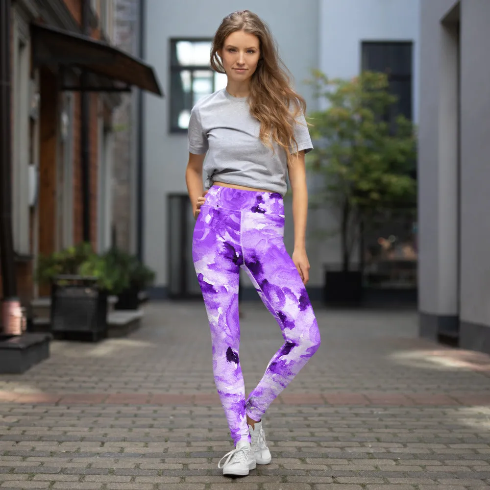 Purple Floral Yoga Leggings, Abstract Flower Print Long Women's Gym Tights-Made in USA/EU