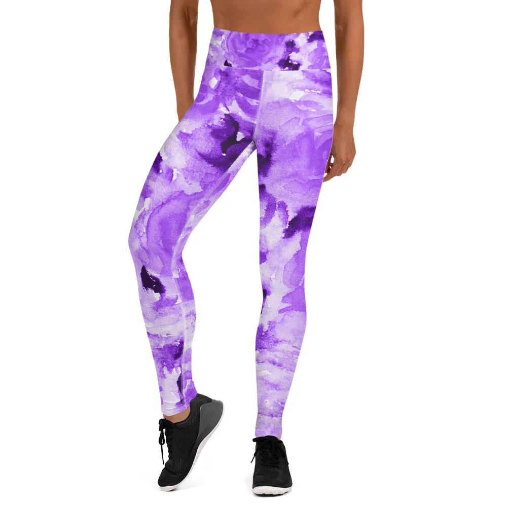 Purple Floral Yoga Leggings, Abstract Flower Print Long Women's Gym Tights-Made in USA/EU