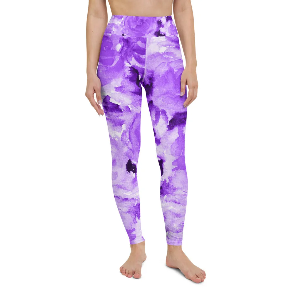 Purple Floral Yoga Leggings, Abstract Flower Print Long Women's Gym Tights-Made in USA/EU