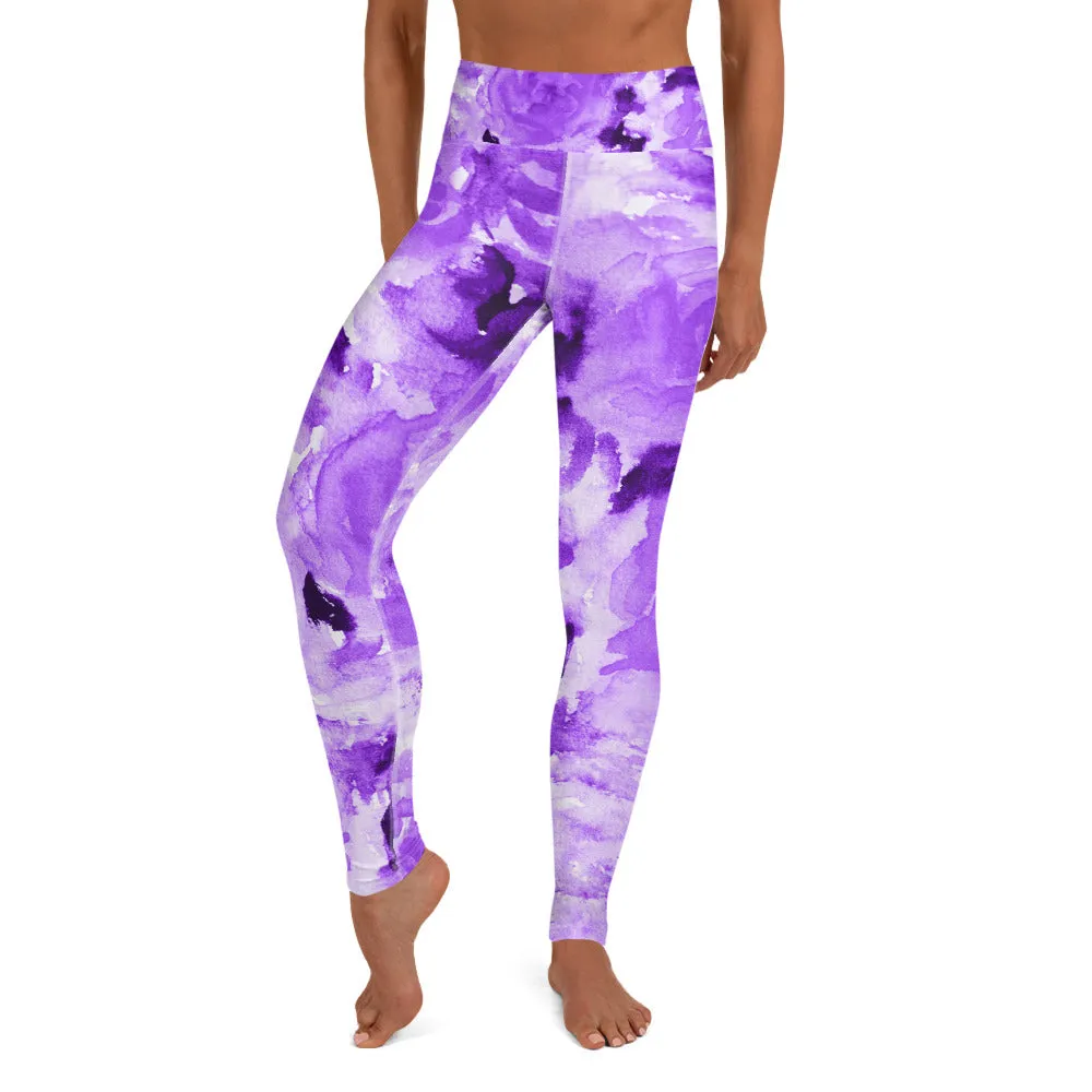 Purple Floral Yoga Leggings, Abstract Flower Print Long Women's Gym Tights-Made in USA/EU