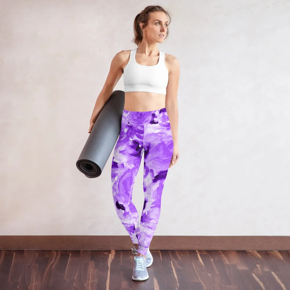 Purple Floral Yoga Leggings, Abstract Flower Print Long Women's Gym Tights-Made in USA/EU