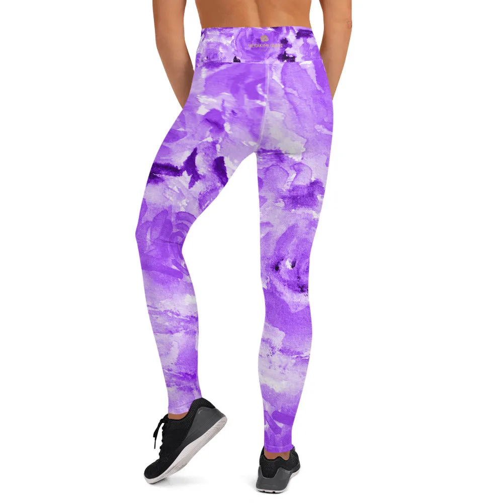 Purple Floral Yoga Leggings, Abstract Flower Print Long Women's Gym Tights-Made in USA/EU