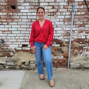 Red V Neck Puffy Sleeve Top