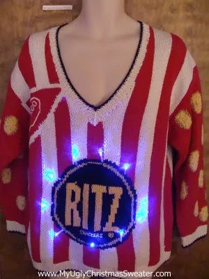 Ritz Cracker Striped Red 80s Light Up Ugly Xmas Sweater