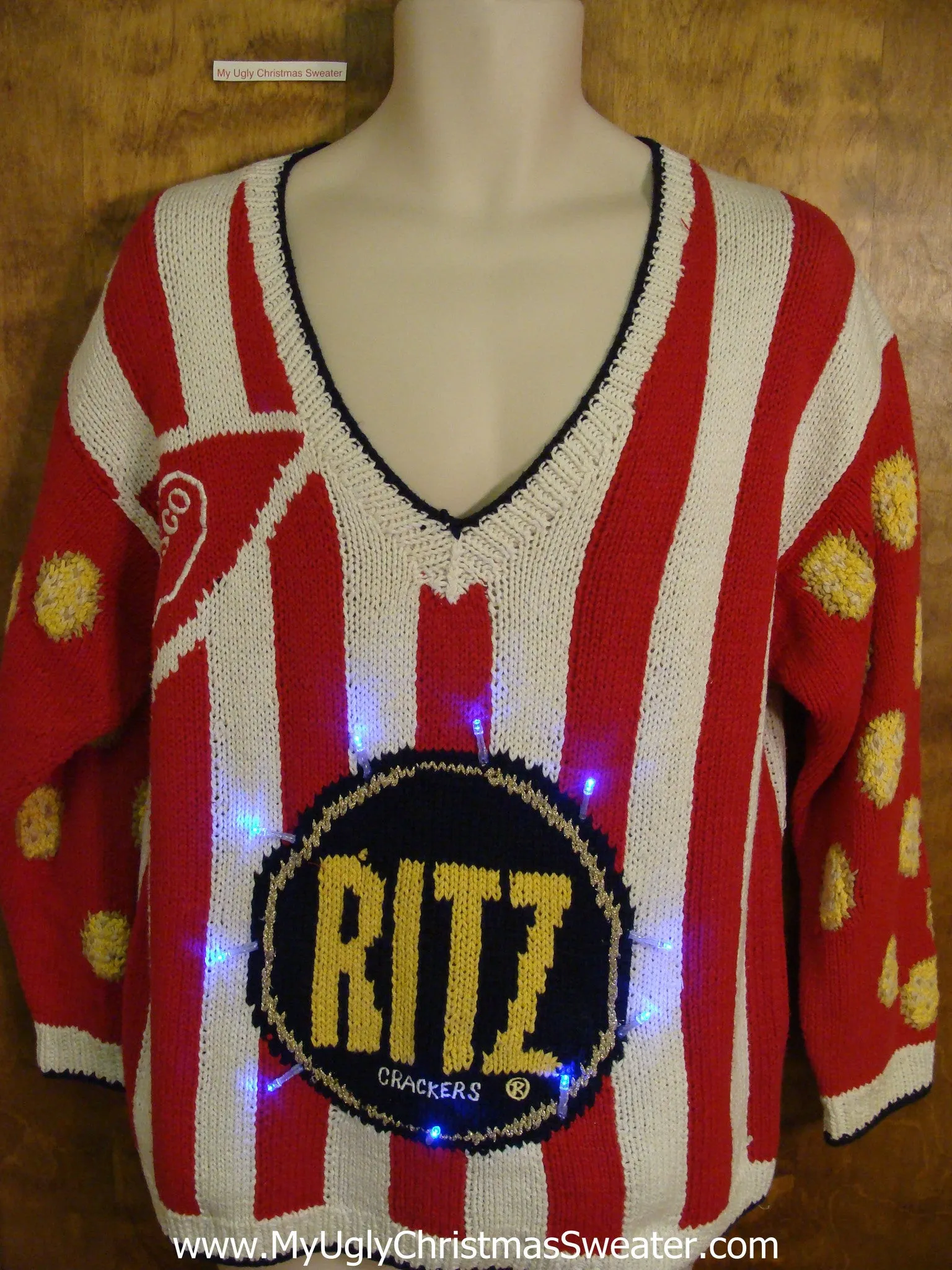 Ritz Cracker Striped Red 80s Light Up Ugly Xmas Sweater