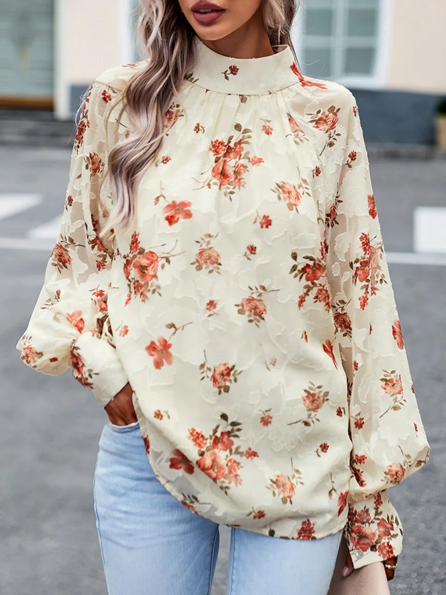 Romantic High-Neck Floral Jacquard Blouse