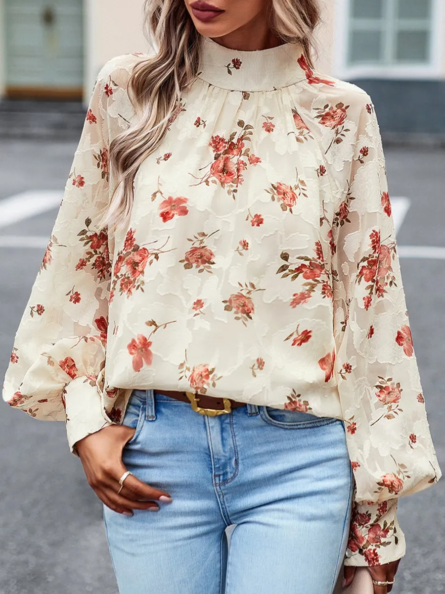 Romantic High-Neck Floral Jacquard Blouse