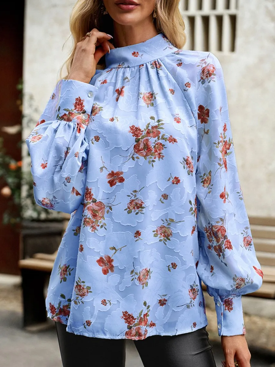 Romantic High-Neck Floral Jacquard Blouse