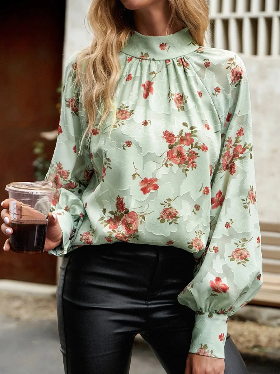 Romantic High-Neck Floral Jacquard Blouse