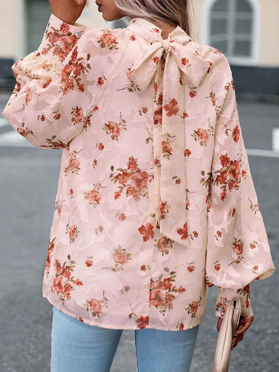 Romantic High-Neck Floral Jacquard Blouse