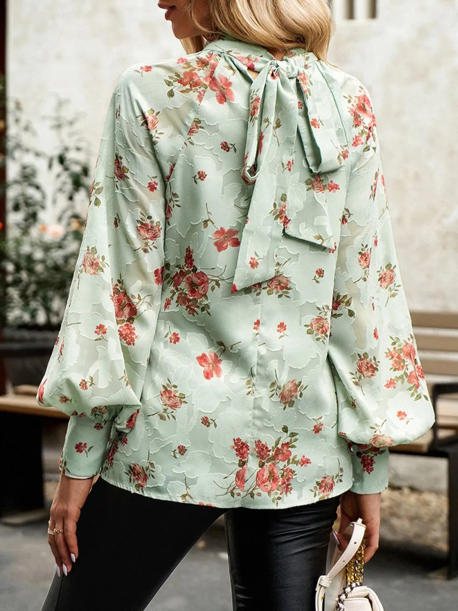 Romantic High-Neck Floral Jacquard Blouse