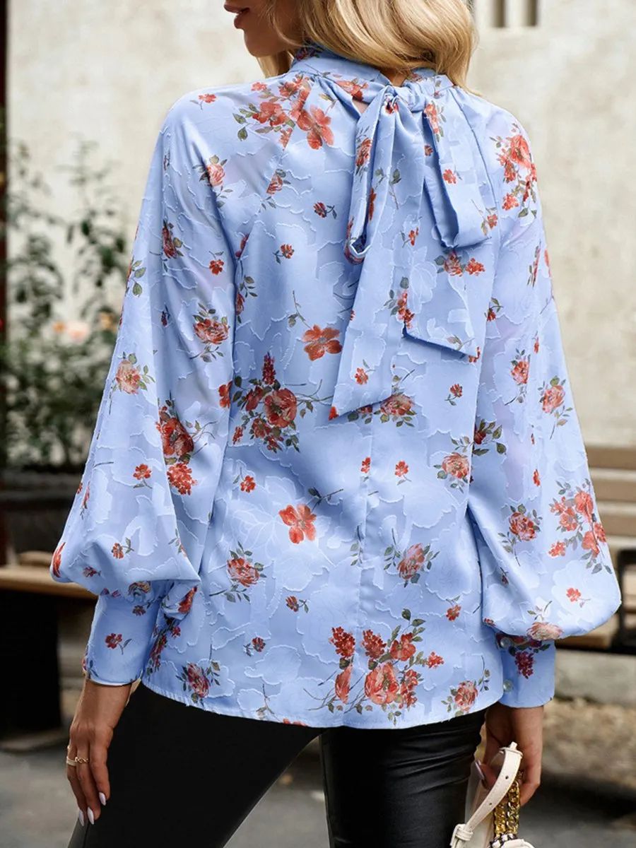 Romantic High-Neck Floral Jacquard Blouse