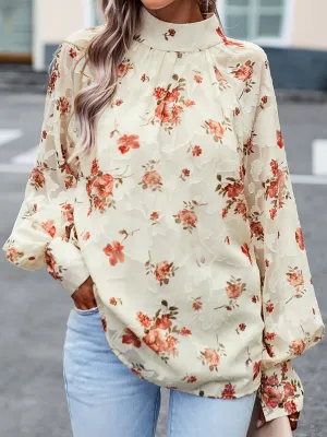 Romantic High-Neck Floral Jacquard Blouse