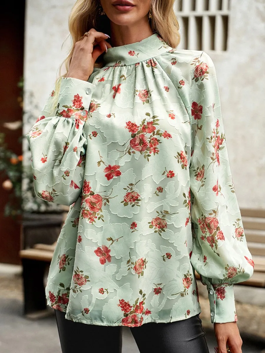 Romantic High-Neck Floral Jacquard Blouse