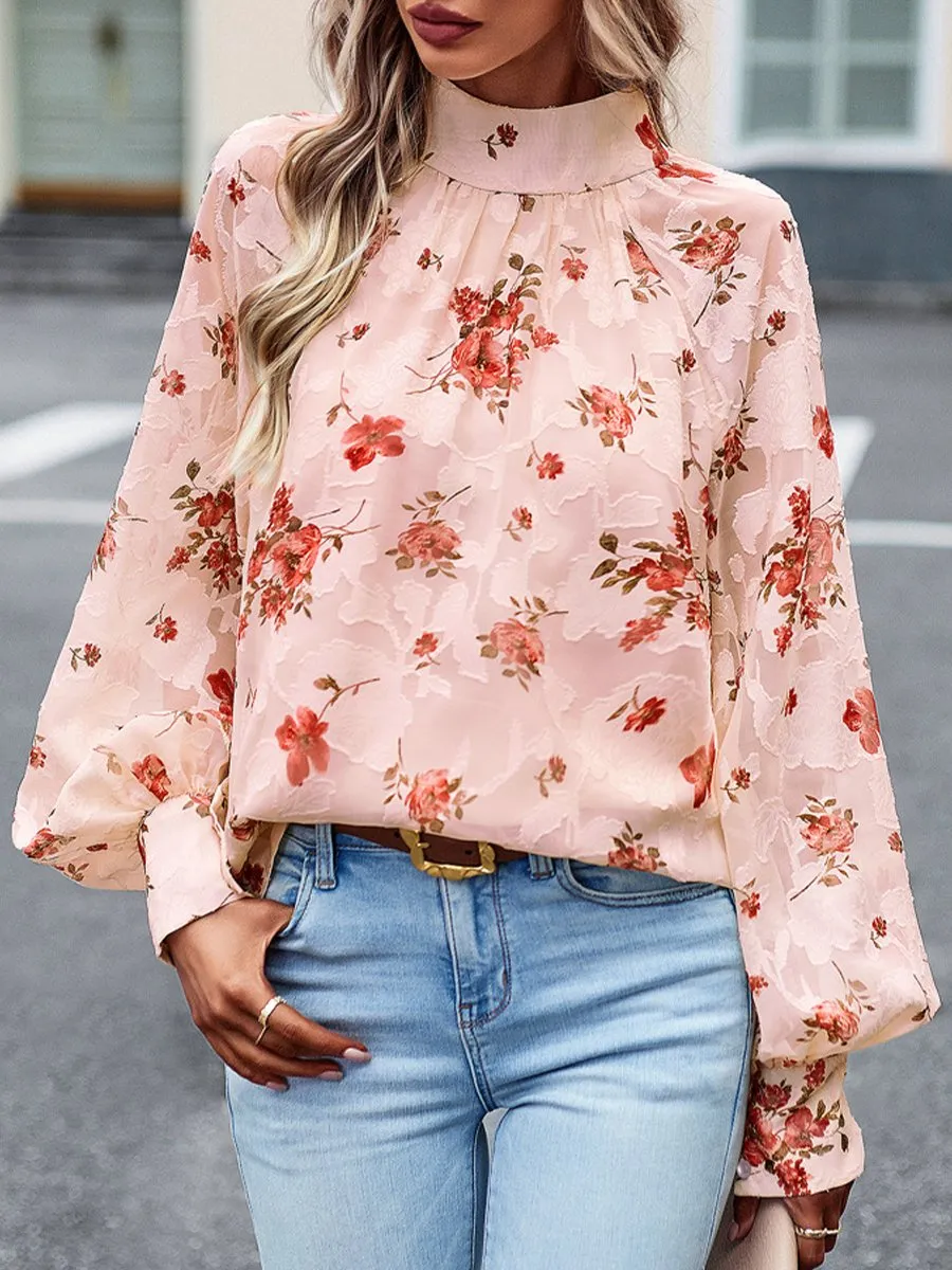 Romantic High-Neck Floral Jacquard Blouse