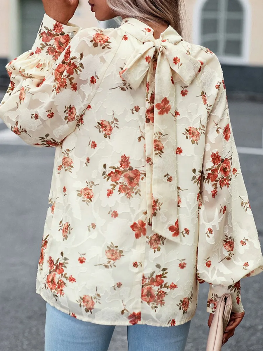 Romantic High-Neck Floral Jacquard Blouse