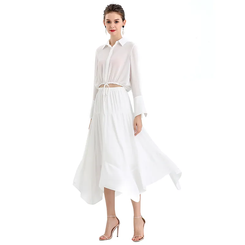 S068-10 Women solid asymmetric panelled long flare handkerchief skirt