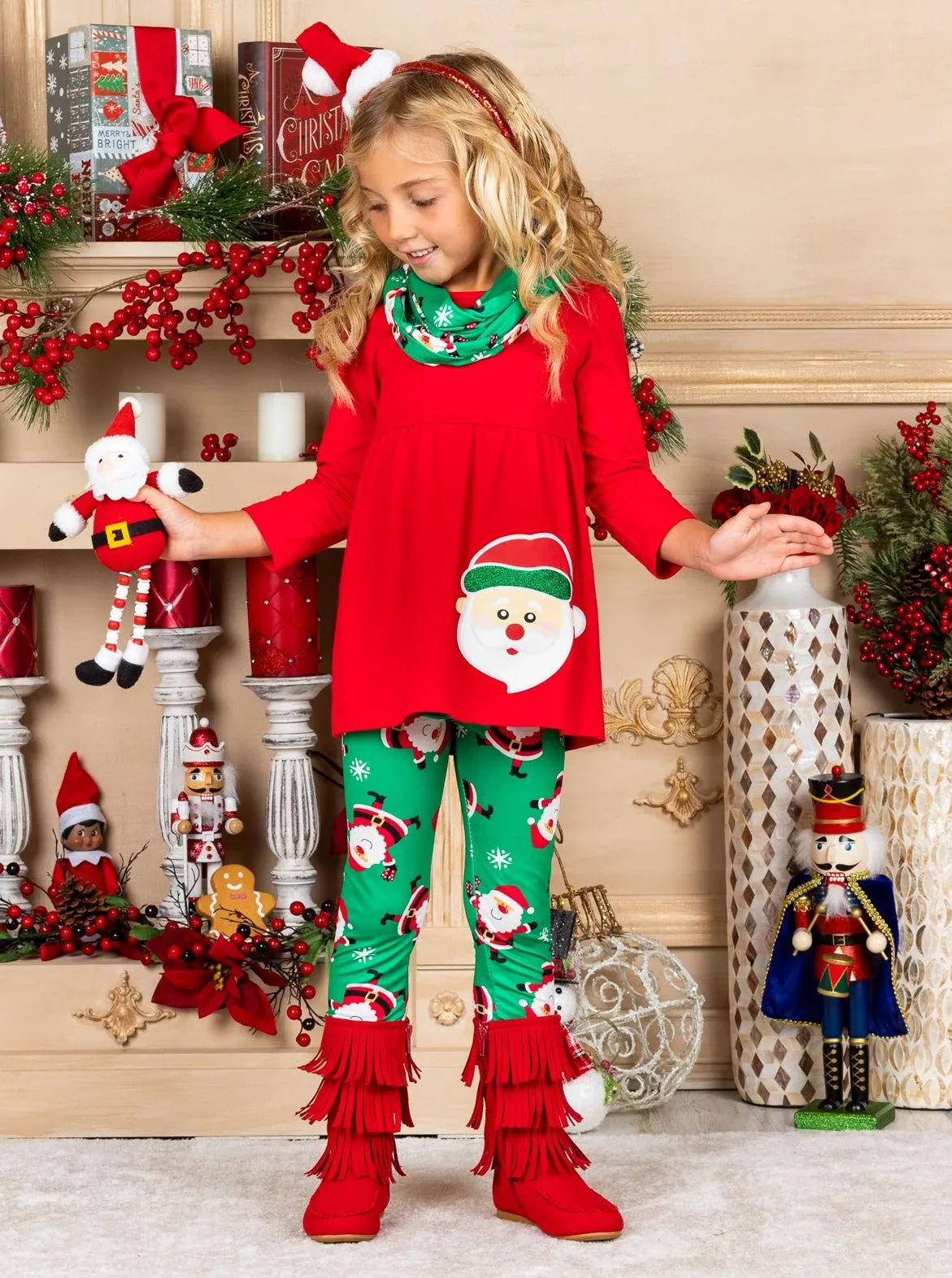 Santa, Baby Tunic, Scarf And Legging Set