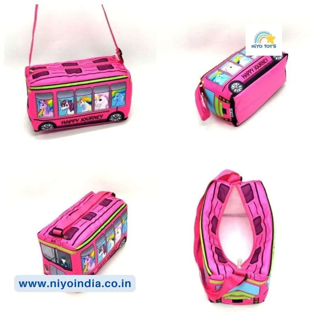 School Bus Bag ll Happy Journey Bag ll Light Weight Kids Sling | Picnic Duffle Bag (Assorted colors)