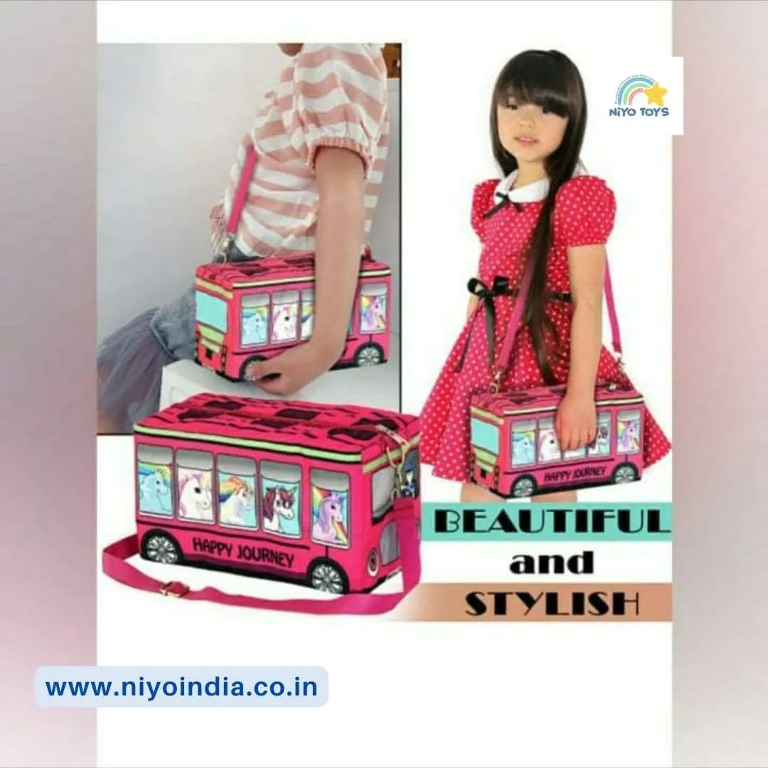 School Bus Bag ll Happy Journey Bag ll Light Weight Kids Sling | Picnic Duffle Bag (Assorted colors)