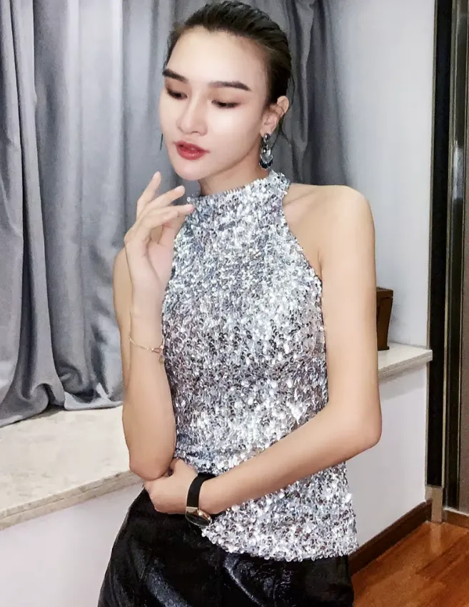 Sleeveless High Neck Sequin Top