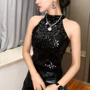 Sleeveless High Neck Sequin Top