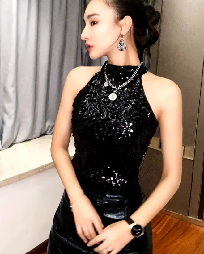 Sleeveless High Neck Sequin Top