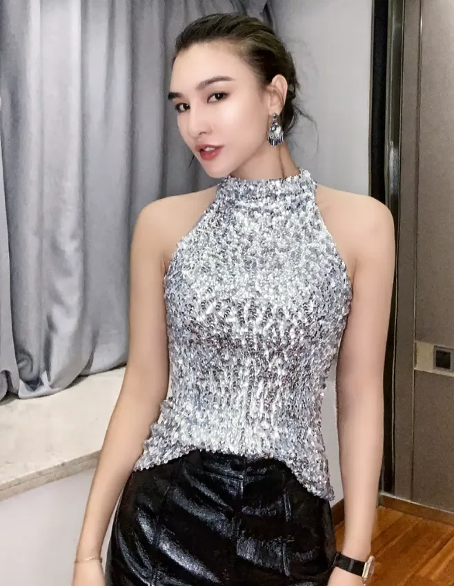 Sleeveless High Neck Sequin Top