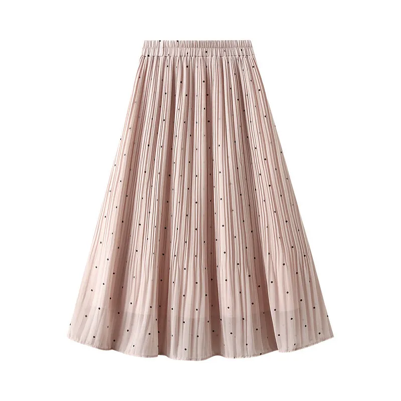 Small Polka Dot Chiffon Pleated Skirt High Waist A-line Mid-length Skirt 756