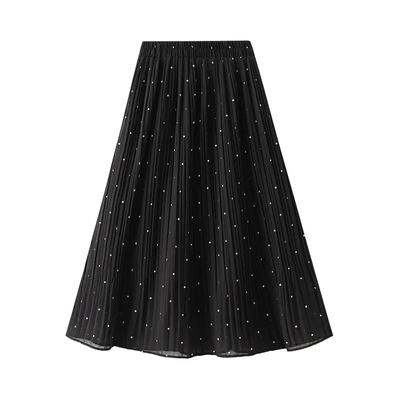 Small Polka Dot Chiffon Pleated Skirt High Waist A-line Mid-length Skirt 756