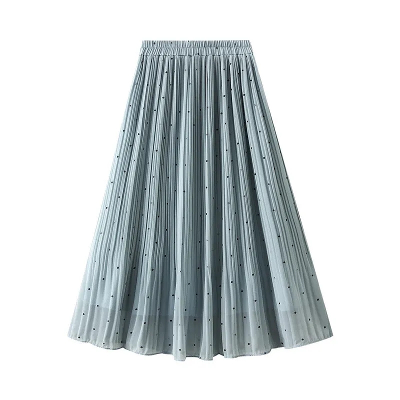 Small Polka Dot Chiffon Pleated Skirt High Waist A-line Mid-length Skirt 756