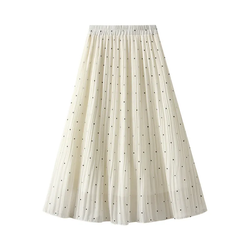 Small Polka Dot Chiffon Pleated Skirt High Waist A-line Mid-length Skirt 756