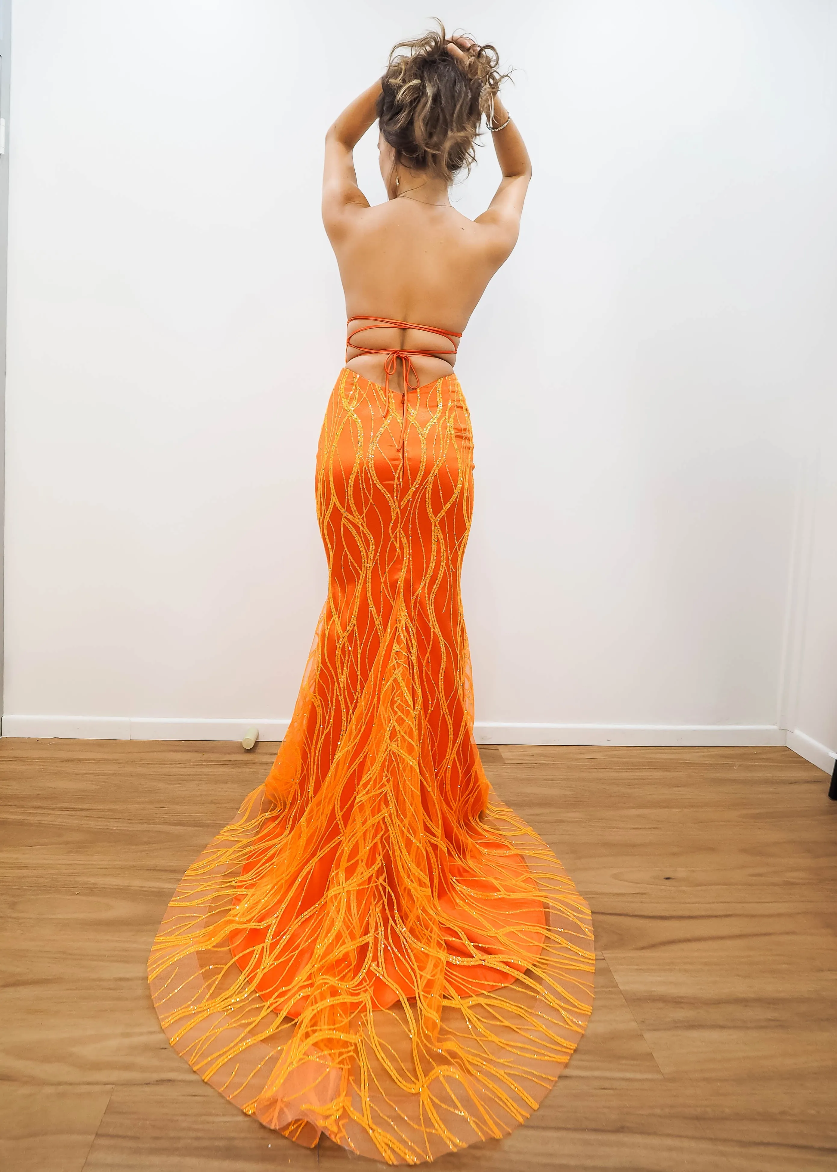 Sparkling orange mermaid dress crescent moon neckline