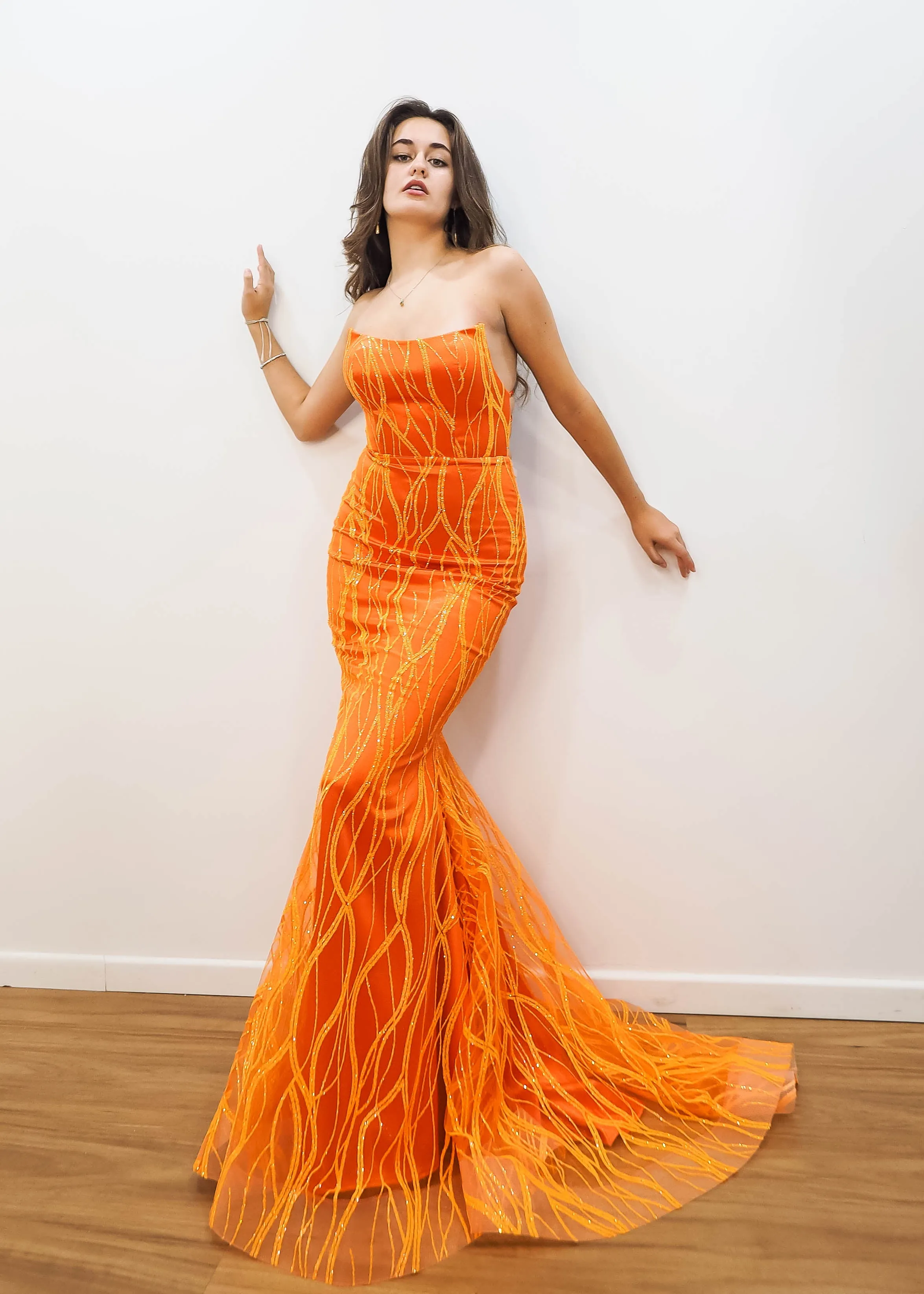 Sparkling orange mermaid dress crescent moon neckline