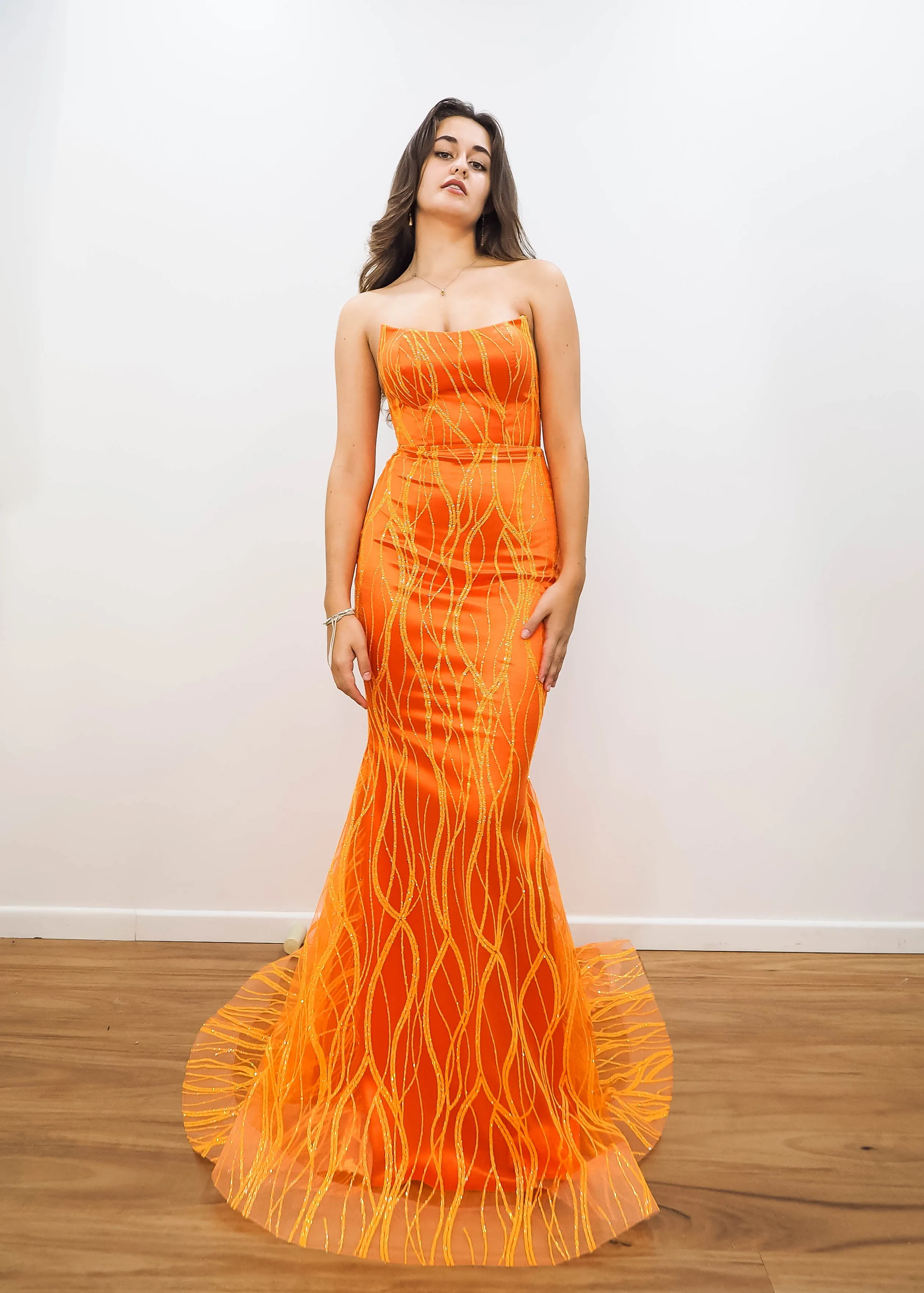 Sparkling orange mermaid dress crescent moon neckline