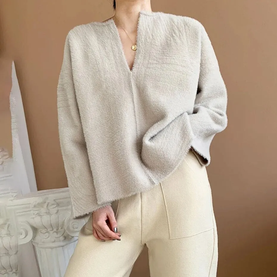 Straight Sweater For Women V Neck Long Sleeve Solid Minimalist Knitting Pullover Female Fashion Clothing Style