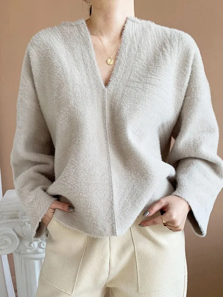 Straight Sweater For Women V Neck Long Sleeve Solid Minimalist Knitting Pullover Female Fashion Clothing Style