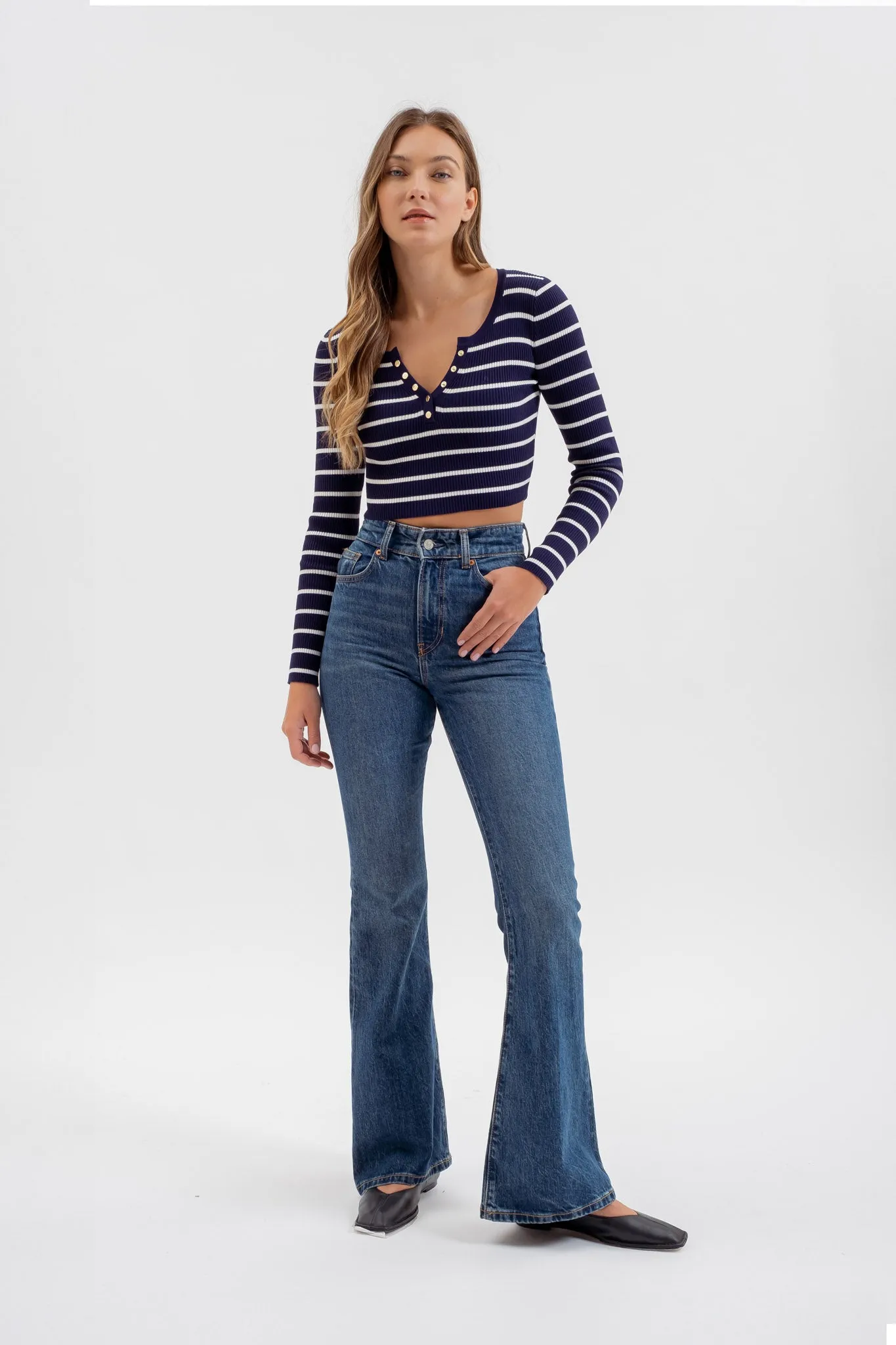 STRIPE HENLEY LONG SLEEVE SWEATER KNIT CROP TOP
