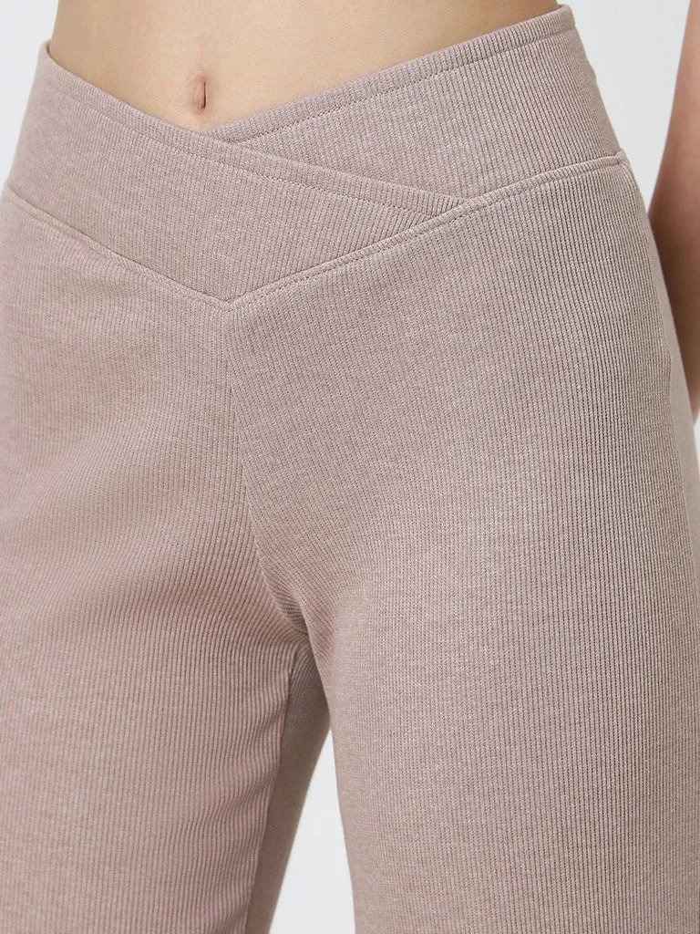Superstar Beige Ribbed High-Rise Flared Pants