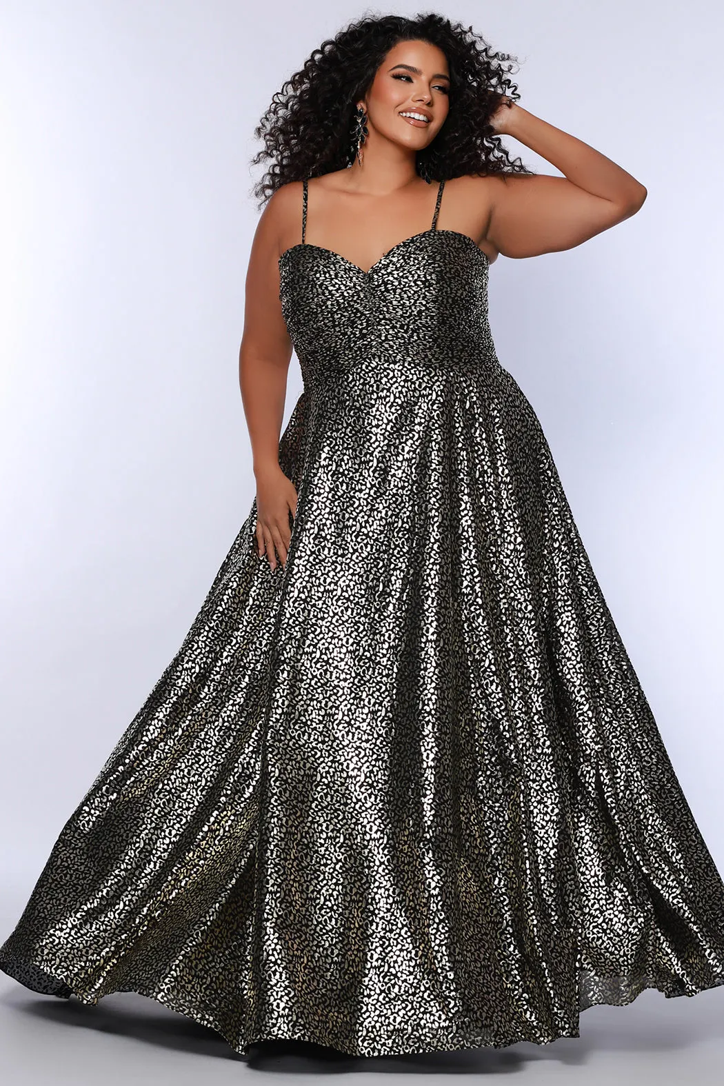 Sydney's Closet SC7394 Animal Print Plus Sized Long Formal Dress A Line Spaghetti Straps Slit