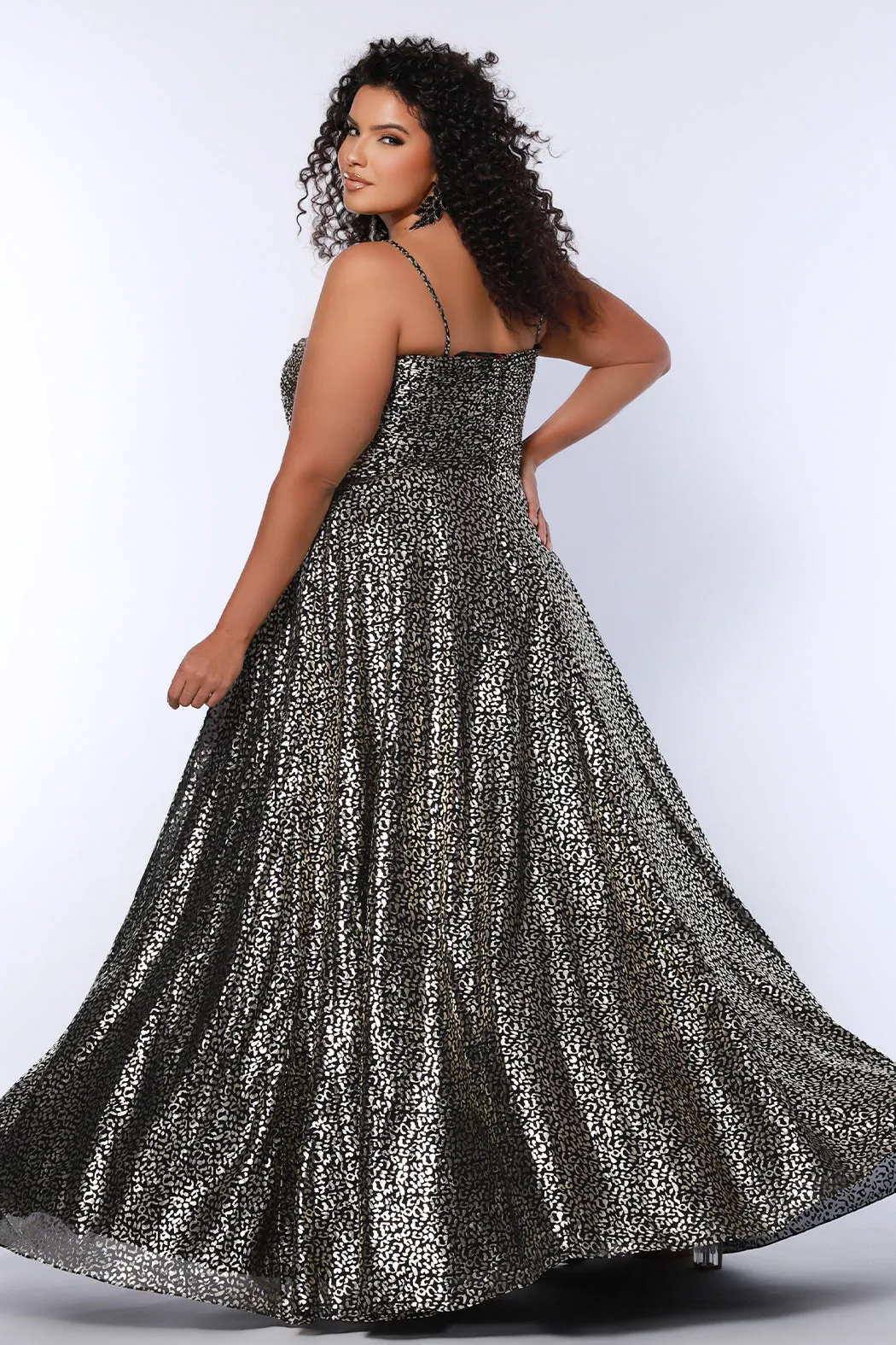 Sydney's Closet SC7394 Animal Print Plus Sized Long Formal Dress A Line Spaghetti Straps Slit