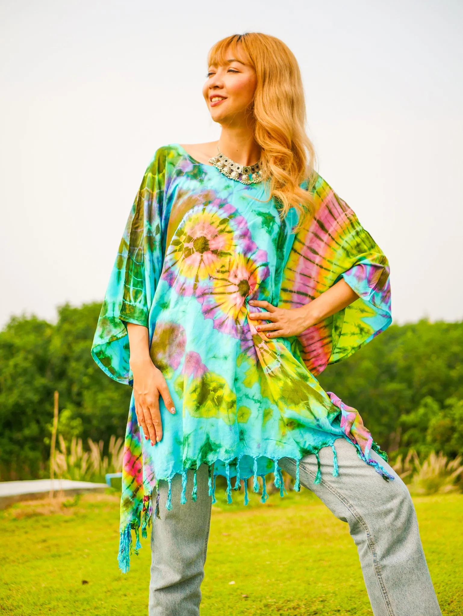 T0837- Hand Dyed Tunic Boho Kaftan Blouse Hippie Oversize Tops