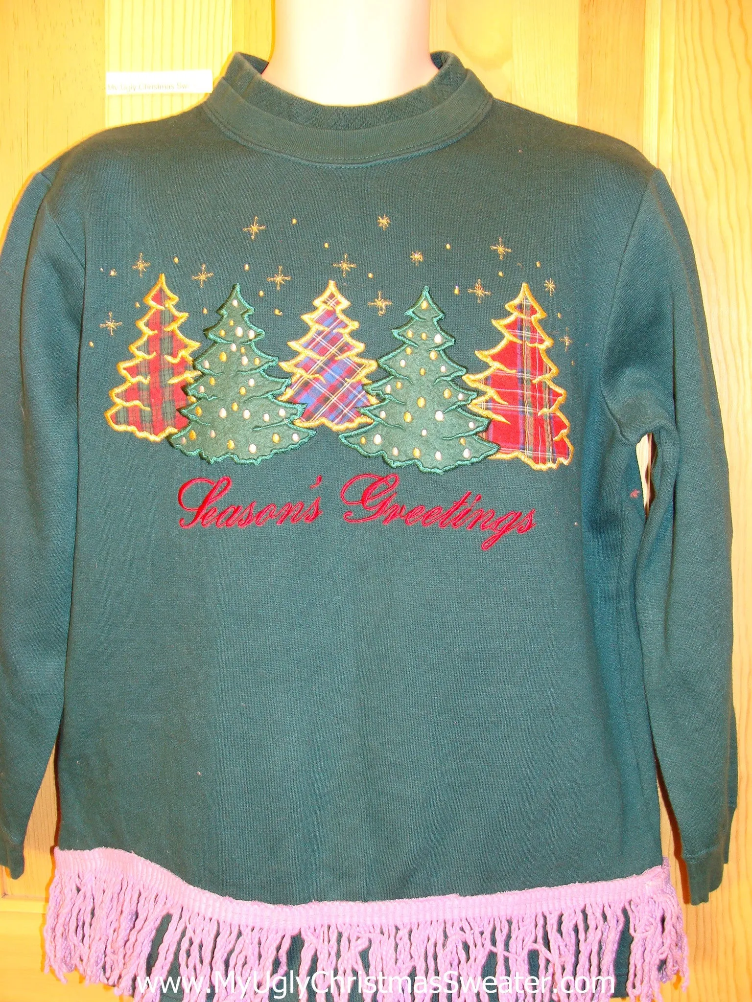 Tacky Christmas Sweatshirt Plaid Trees Seasons Greetings