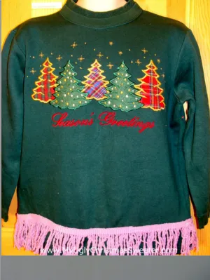 Tacky Christmas Sweatshirt Plaid Trees Seasons Greetings