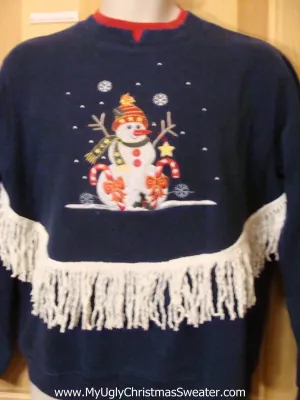 Tacky Christmas Sweatshirt Snowman with Fringe