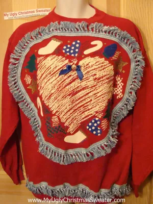 Ugly Christmas Tacky Sweatshirt Crafty 80s Retro Heart with Fringe (q57)